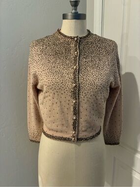 True Vintage 1950s handmade Lambswool cardigan sweater gold ornate pearls.